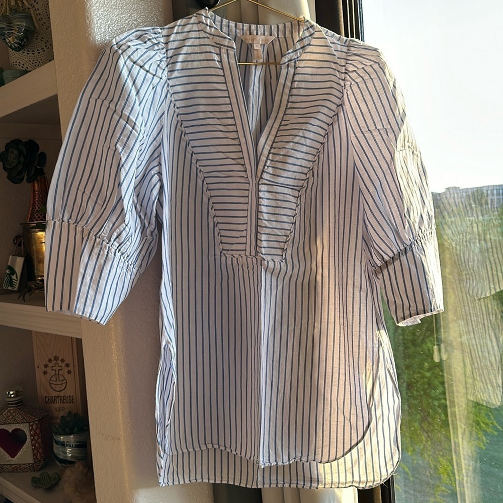 Rebecca Taylor Striped linen Tunic top Poof Statement Sleeve pull Over size XS